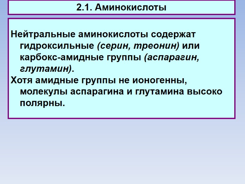 2.1. Аминокислоты Нейтральные аминокислоты содержат гидроксильные (серин, треонин) или карбокс-амидные группы (аспарагин, глутамин). 